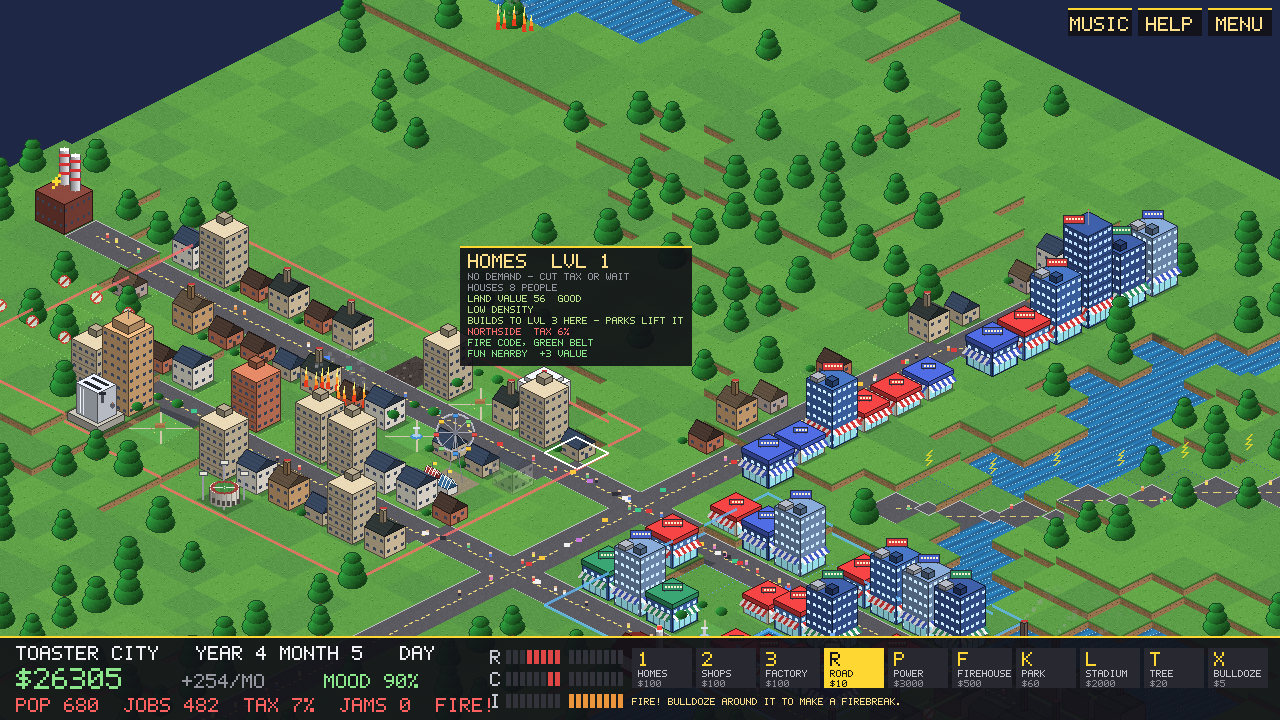 Toaster City — an isometric city with roads, zoned buildings, parks and a river